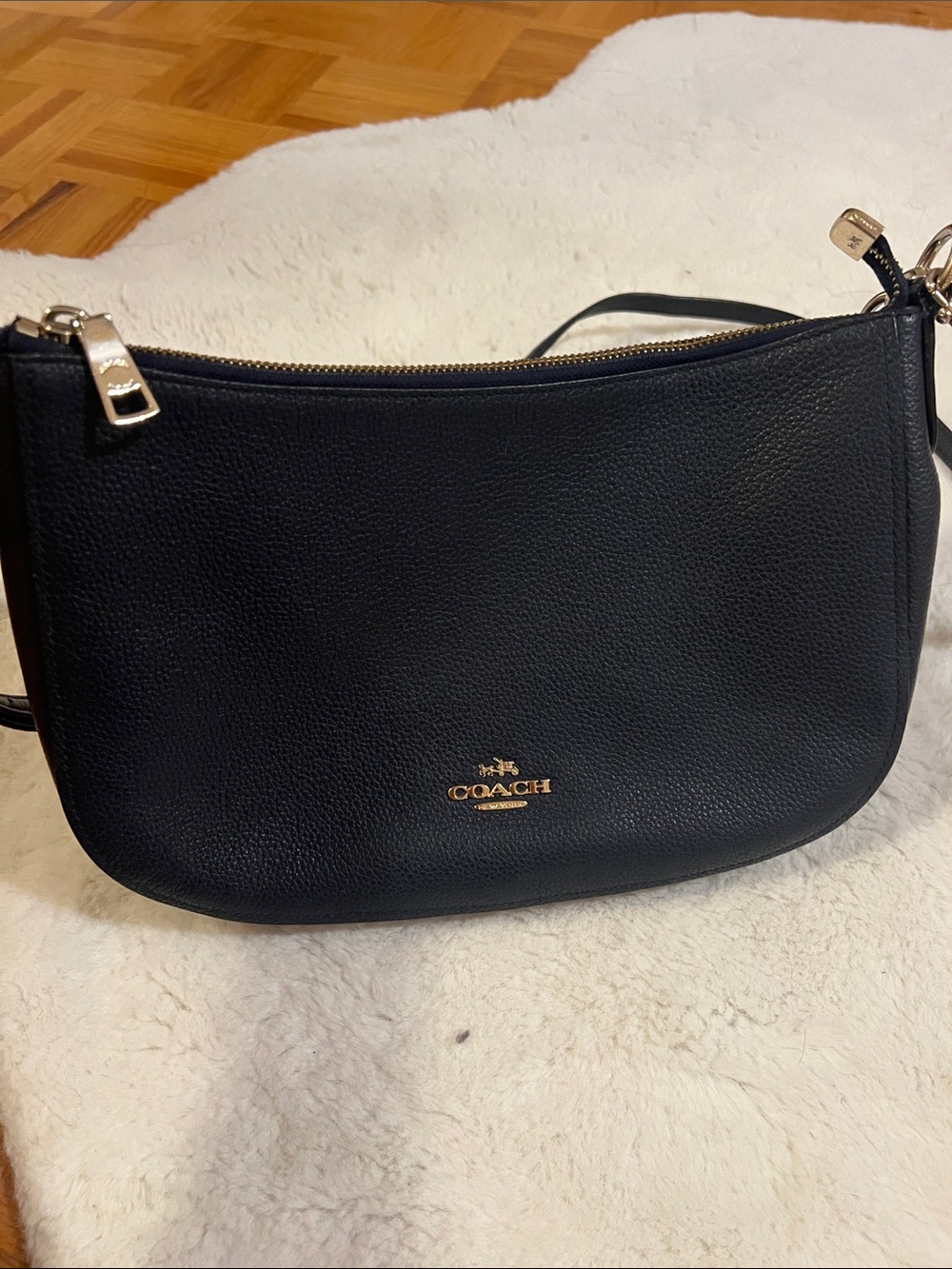 Coach Navy Chelsea Pebbled Leather Convertible Shoulder Bag with Gold Hardware